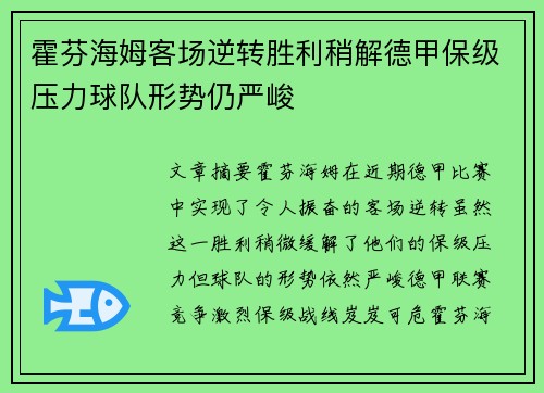霍芬海姆客场逆转胜利稍解德甲保级压力球队形势仍严峻